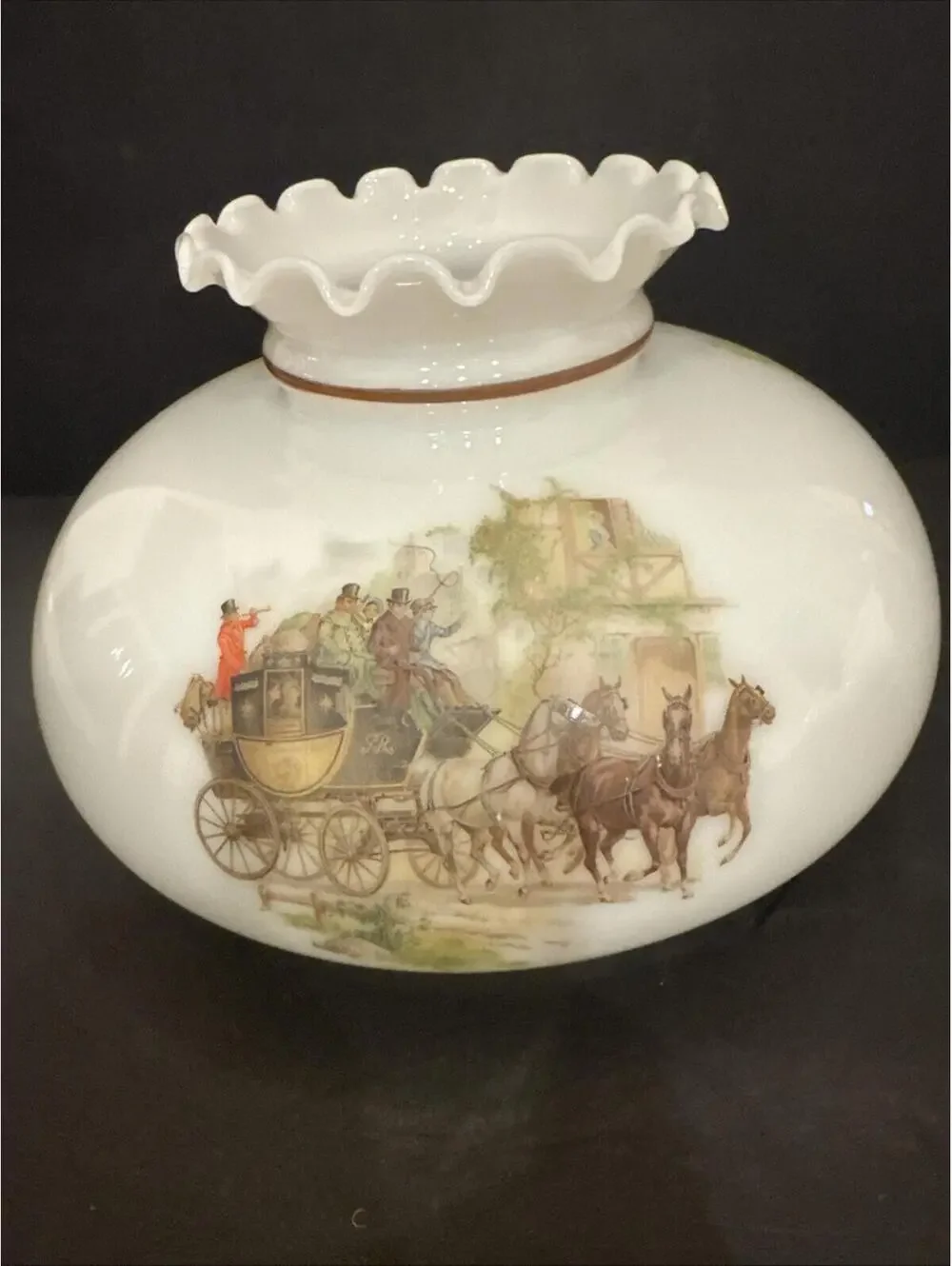 Vintage Milk Glass Lamp Shade With 3x Stagecoach Horse Scenes 9.75” Fitter